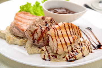 Grilled Chicken Steak in mushroom's sauce Fried Potato Wedges,