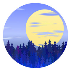 Obraz premium Winter forest night landscape vector circle illustration with full moon. Christmas background graphic design with pine fir tree vector forest, night winter scene with spruce firs wood, and moon in sky
