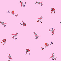 Seamless pattern background - watercolor hand drawn pink and gray crows, riding on roller skates. Fun colorful birds on the pink background are useful for design, decoration and textile.