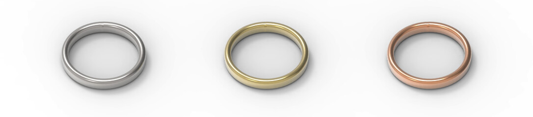 Silver, Gold, Copper rings isolated on white background. 3D rendering.