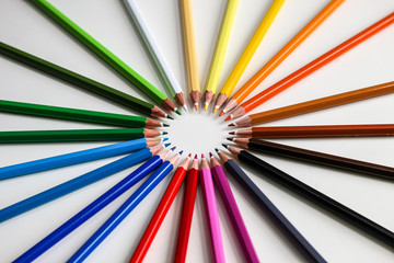 Bild mit vielen bunten Stiften im Kreis auf weißen Hintergrund Schulanfang Einschulung