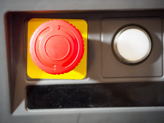 The red emergency button or stop button for Hand press. STOP Button for industrial machine, Emergency Stop for Safety