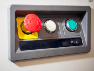 The red emergency button or stop button for Hand press. STOP Button for industrial machine, Emergency Stop for Safety