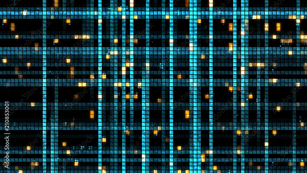 Poster 3d render background made of random square forms with different brightness.
