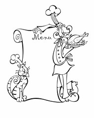 Cook. Chef. Menu. Cat. Menu for the cafe. Design concept. Cartoon. Coloring. Vector.