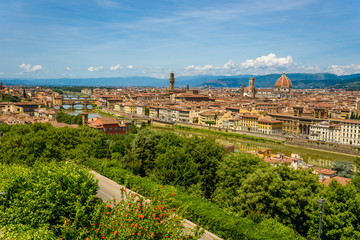 View of Florence from Piazzale Michelangelo - River Arno with Ponte Vecchio and Palazzo Vecchio,...