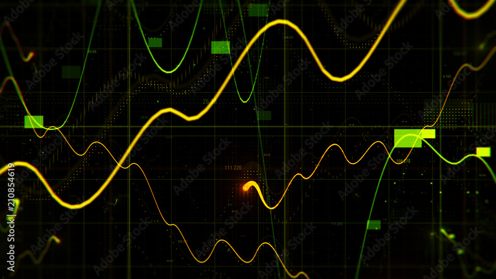Poster 3d render finance background with depth of field. few graphs and random digits among grids in space.