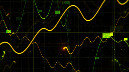 3d render finance background with depth of field. Few graphs and random digits among grids in space.