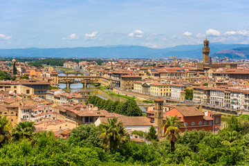 Fototapeta na wymiar View of Florence from Piazzale Michelangelo - River Arno with Ponte Vecchio and Palazzo Vecchio, Duomo Santa Maria Del Fiore and Bargello - Tuscany, Italy