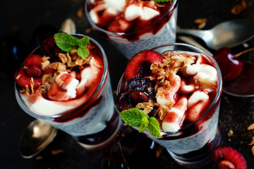 Cherry and yogurt chia pudding parfait