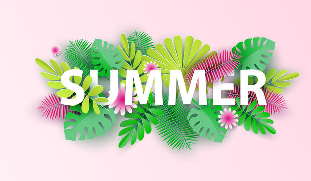 Hello summer typographic design with abstract forms of paper cutting and tropical leaves. Vector illustration.