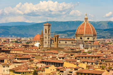 Fototapeta na wymiar View of Florence from Piazzale Michelangelo - Duomo Santa Maria Del Fiore and Bargello - Tuscany, Italy