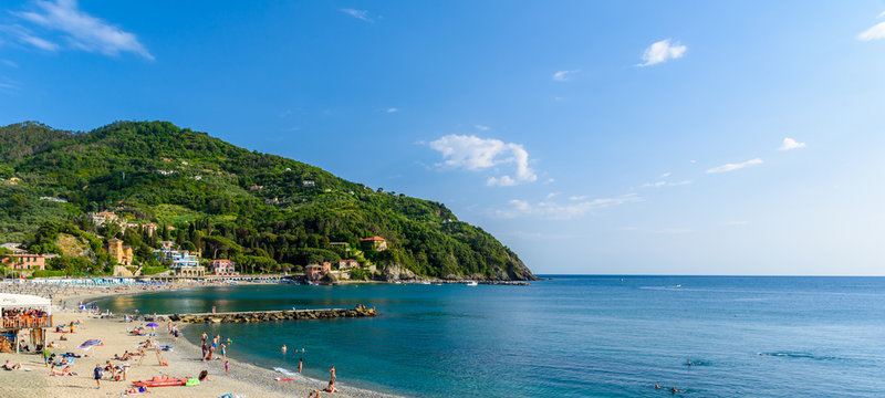 Levanto - town in Liguria, close to Cinque Terre in Italy. Scenic Mediterranean riviera coast. Historical Old Town with colorful houses and sand beach at beautiful coast of Italy.