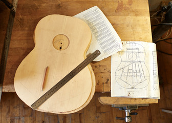 Marking and Pasting of footer and brace to the soundboard of a classical guitar. Production of...