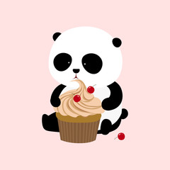 Vector Illustration: A cute cartoon giant panda is sitting on the ground, holding and eating a big mango flavor cupcake with cream and chocolate chips.