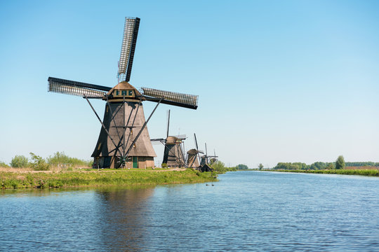 Netherlands windmills and water canal at KInderdijk.