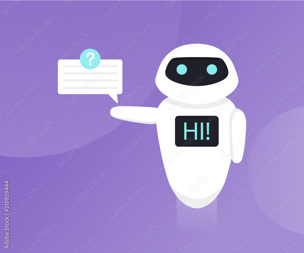 Poster chat bot isolated on the ultraviolet background. bot holds speech bubbles. robot say hi on screen. c