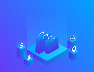 Vector image of a three dimensional shopping bag, isolated on blue background. Modern isometric vector illustration