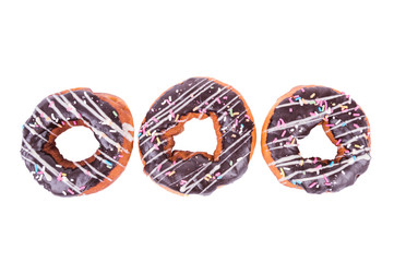 Top view of three donuts isolated on white background
