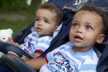 Twin multiracial African American baby boys in stroller.