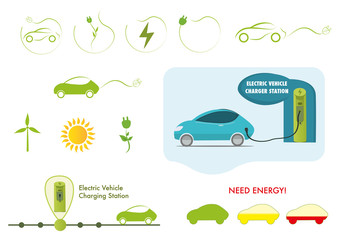 Vector icon set electric car charging station