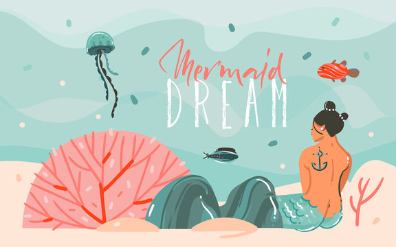 Hand drawn vector abstract cartoon summer time graphic illustrations art scene background with ocean,jellyfish,beauty mermaid girl and Mermaid Dream typography quote isolated on blue water waves