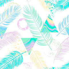 Fototapeta na wymiar Abstract seamless pattern with palm leaf, triangles, ornament, 
