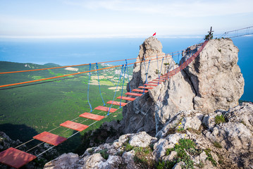 View of peak Ai-Petri and main area in Ai-Petri and cablewa. Crimea. Main ridge of Crimean mountains. An array Ai-Petri Yayla.