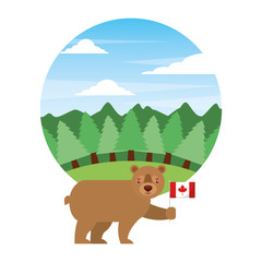 cute bear holding canadian flag in landscape