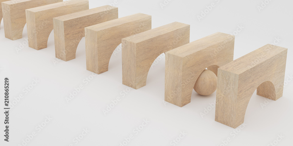 Poster abstract concept of wooden cubes arch and small sphere toy isolated on white background, 3d renderin