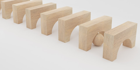 Abstract concept of wooden cubes arch and small sphere toy isolated on white background, 3d...