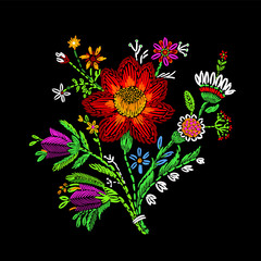 Embroidery motive. Bouquet of red, white, pink flowers.