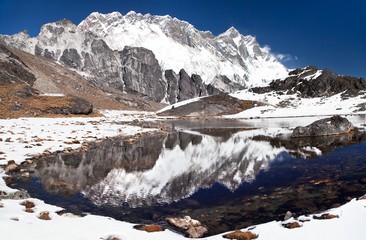 Lhotse Nuptse south rock face mirroring in lake