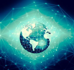 Best Internet Concept of global business. Globe, glowing lines on technological background. Wi-Fi, rays, symbols Internet, 3D illustration