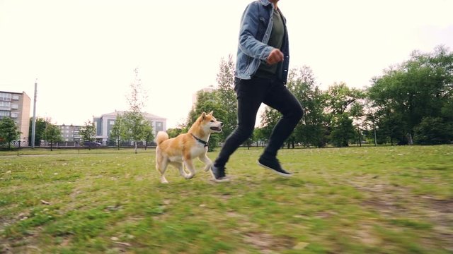 Slow motion of young man loving dog owner running with puppy in city park, happy pet is enjoying freedom and nature. Urban landscape is visible.