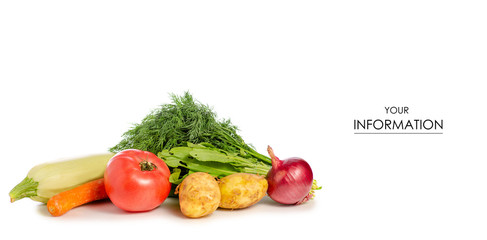 Greens vegetables zucchini tomato potatoes pattern on a white background isolation