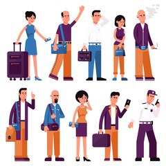 Set of people men and women with bags and suitcases in various poses. Flat style.