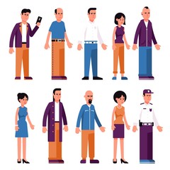 Set of men and women in different clothes in neutral poses. Flat style.