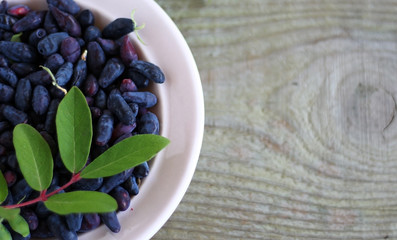 The berries of honeysuckle in the Cup on the table.