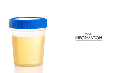 Plastic container with urine analysis pattern on white background isolation