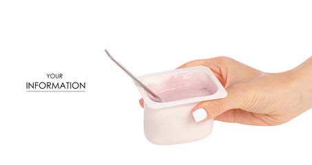 Yogurt with a spoon in hand pattern on a white background isolation