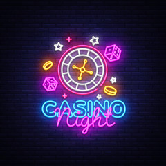 Fototapeta premium Casino Night Neon Logo Vector. Casino neon sign, design template, modern trend design, casino neon signboard, night bright advertising, light banner, light art. Vector illustration