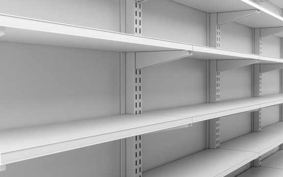 closeup empty white supermarket shelves