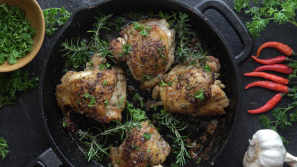Cast Iron Chicken Thighs. Grilled to perfection and garnished with Parsley. 