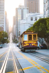 Poster Historische San Francisco-kabelbaan op California Street bij zonsopgang, Californië, VS © JFL Photography