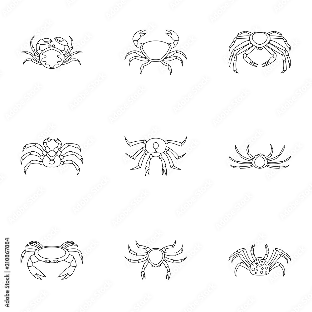 Poster types of crab icons set. outline set of 9 types of crab vector icons for web isolated on white backg