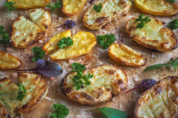 Crunchy smashed potatoes sprinkled with crispy parsley.