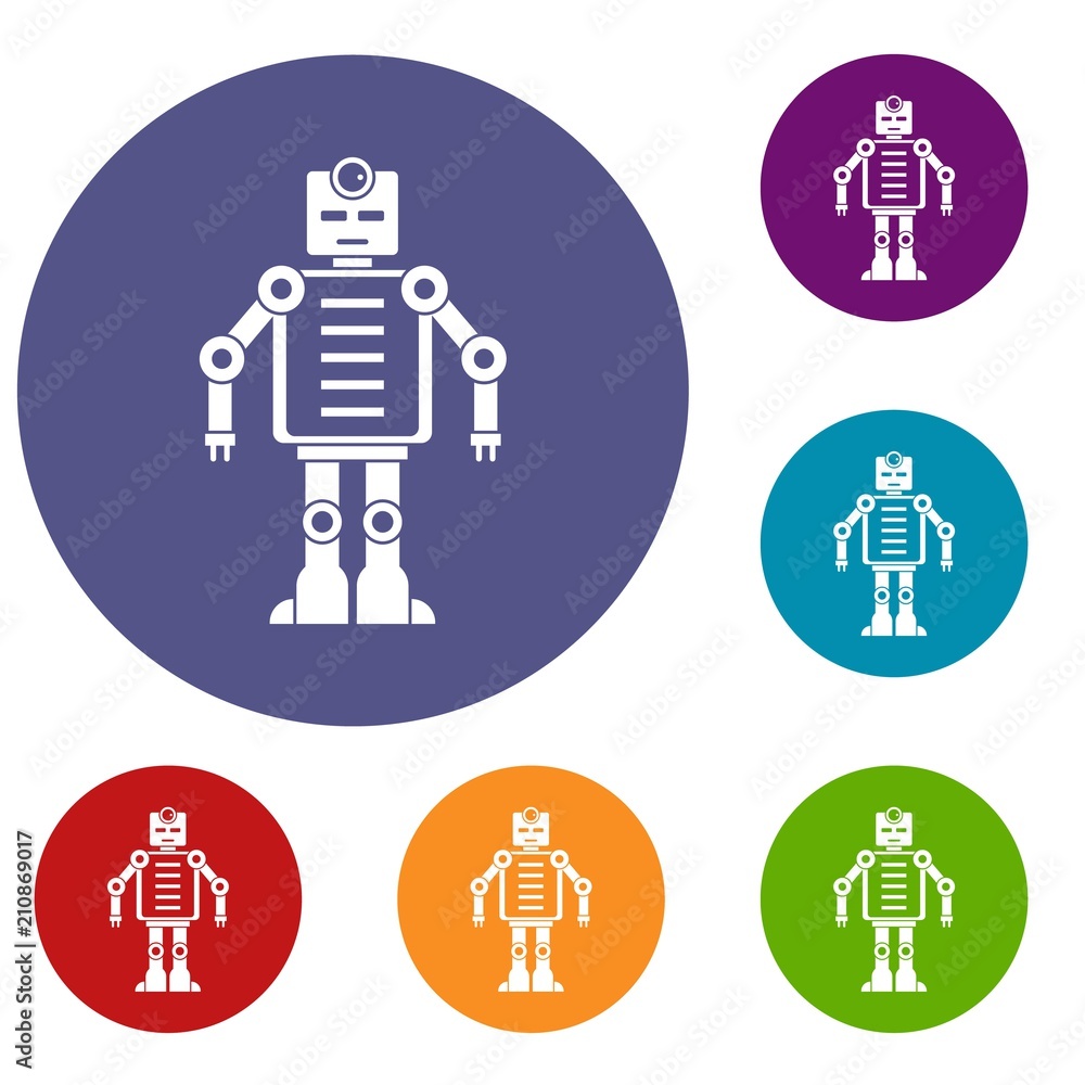 Poster artificial intelligence robot icons set in flat circle red, blue and green color for web