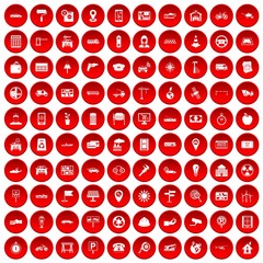 100 car icons set in red circle isolated on white vector illustration