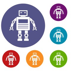 Robot icons set in flat circle red, blue and green color for web